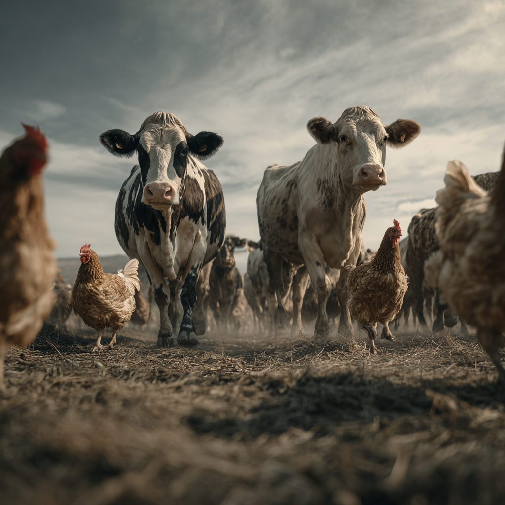 Cattle and poultry on a professional livestock farm, representing VeritasVet science-based animal nutrition